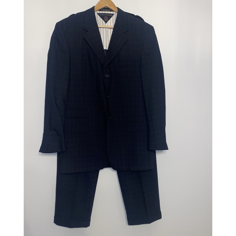 Vintage Tommy Hilfiger Suit Black Windowpane 2 Pc Pleated 90s Made USA 42R 33x29